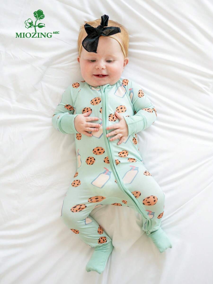 MIOZING  Milk Bottle Print Pattern  /  Baby Boy Long Sleeved Zipper Jumpsuit  /Bamboo Fiber Fabric/ Toddler Kids Jumpsuit Set/ Baby Zip Up Clothes/  Baby Clothes/ Baby Clothes Girl/ Baby Girl Items/ Halloween/Christmas - 綠色 - 查看 1