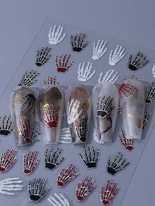 Set de 10 autocolante pentru unghii de Halloween, include modele de craniu, mână, păianjen, liliac, dovleac, șarpe în stil gotic argintiu cu laser, glisant autoadeziv, decorare unghii DIY - Multicolor - Vizualizare 9