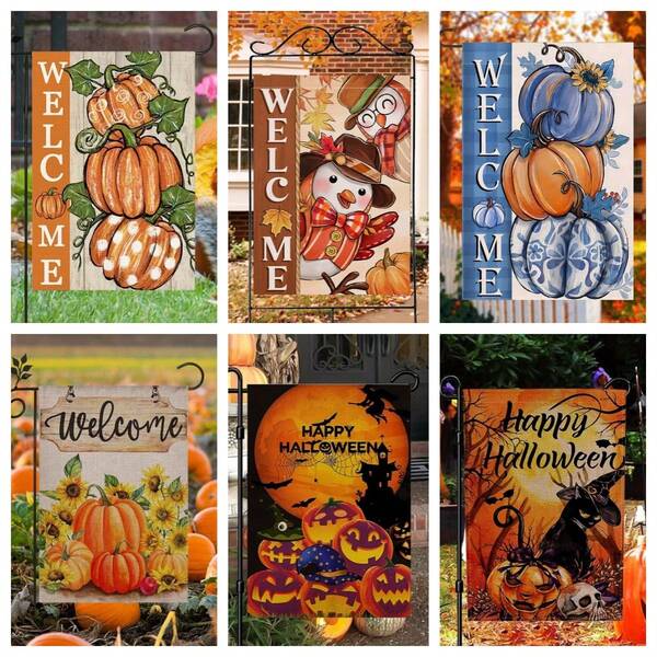 1 pieza Pancarta de jardín de doble cara con diseño de elegancia otoñal, calabaza azul/amarilla y girasol, diseño de cuadros escoceses otoñales, decoraciones de Acción de Gracias, poliéster resistente, decoración de Halloween con fantasma y calabaza para jardín exterior, 12X18in, decoraciones de cumpleaños, tapiz, decoración de habitación, decoraciones de fiesta