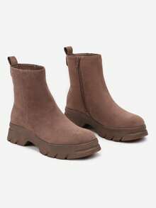 Soft Faux Suede Chunky Boots - Women's Casual Winter Boots - Khaki - View 5