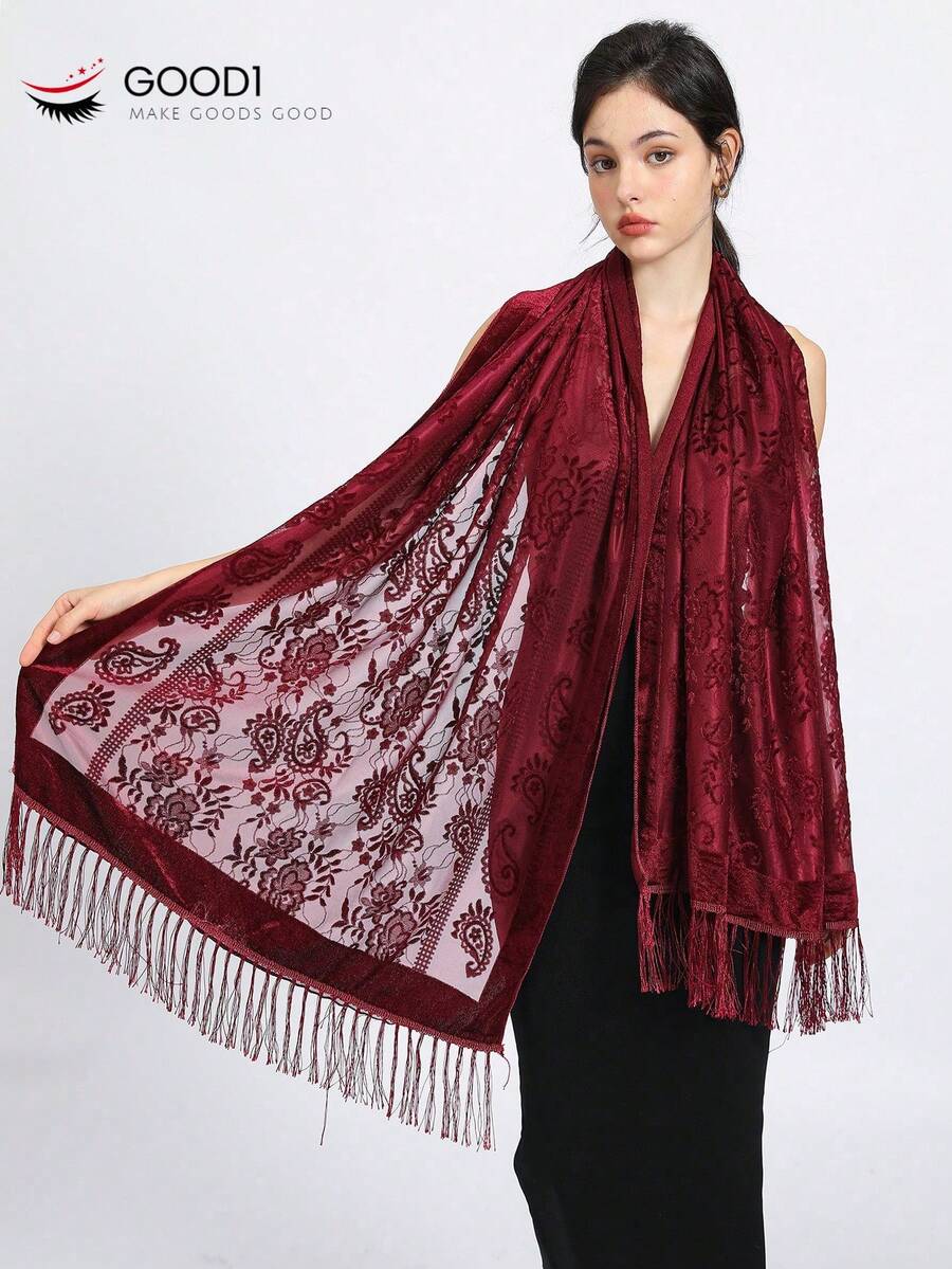Khăn choàng cổ nhung đỏ ren Paisley Anekalurabrand Red Date, Khăn choàng dự tiệc thời trang thủ công tua rua, Khăn choàng in họa tiết Paisley trong suốt bằng nhung