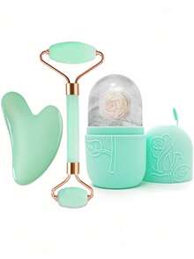 3pcs Ice Massage Roller Set - Facial Skincare Ice Roller, Facial Massage Tool, Silicone Ice Massage Roller, Rose Quartz Roller Massager With Gua Sha Board, For Relieving Facial & Eye Puffiness, Face Massager, Contour Sculpting, Skin Rejuvenation & Radiance, Suitable For Eyes, Neck & Face, Ice Massage Roller Mold Cube - Skincare Tools