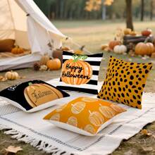 4 Stücke Halloween Kürbis Muster Kissenbezug Set, einseitig Muster