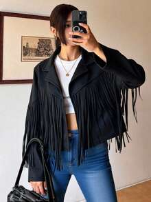 Chaqueta de manga larga con flecos para mujer - Negro - Ver 1