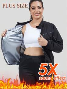 Conjunto de Sauna para Mulheres Plus Size, Respirável, Design com Zíper, Adequado para Exercícios na Academia - Preto - Visão 1