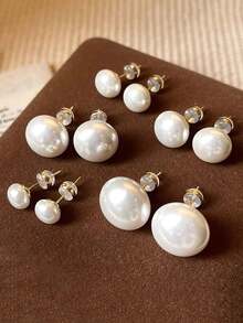5pcs/Set Minimalist French Style White Flat Round Bun Faux Pearl Stud Earrings, Elegant Vintage High-End Earrings Suitable For Women's Daily And Holiday Wear - Set a - View 3