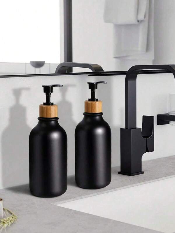 1 paquete Dispensador de jabón negro para baño, dispensador de jabón de mano y jabón de platos con bomba de bambú, 16 Oz Dispensador de jabón y loción de plástico para cocina, Dispensador de jabón líquido recargable