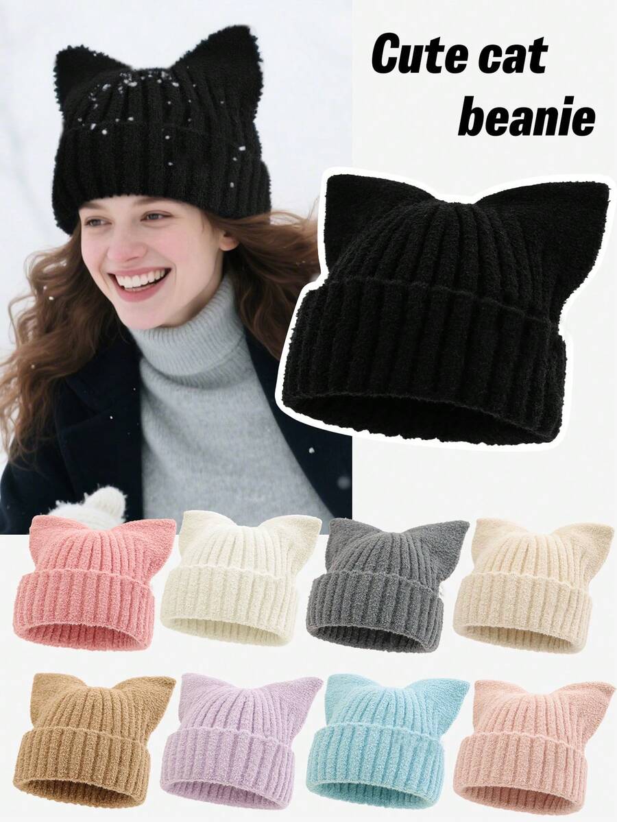 1pc Adult Solid Color Simple Fashion Versatile Cute Cat Ear Knit Beanie Hat, Soft Comfortable Warm Winter Cap, Suitable For Men And Women In Autumn/Winter For Daily Commute, Casual Outing, Outdoor Activities, Great As A Gift - Multicolor - View 1