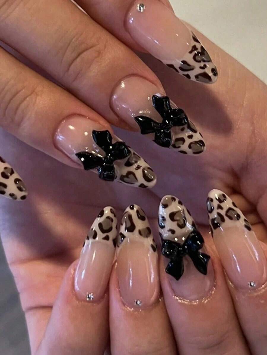 24pcs French Manicure Nail Stickers, Rectangular, 3D Line Art, Leopard Print Decor, Red Bow & Rhinestone Design, Smooth Surface, Full Coverage False Nails, Suitable For Women & Girls Daily Wear - Multicolor 2 - View 1