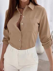 Women's Fashion Button-Down Shirts - Long Sleeve Lapel Elegant Women's Shirts, No-Iron Professional Tops With Pockets Rodeo Outfits For Women Valentines Day Outfit Spring Outfits For Women Festival Outfits For Women Concert Outfit Women Prom Dress Womens Tops Spring Break Outfits Brunch Outfits For Women Valentines Clothes Summer Outfits - 杏色 - 查看 4