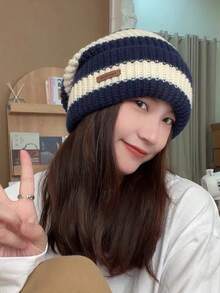 新款宽松条纹针织帽大头围复古日系保暖冬帽针织帽修身时尚休闲涤纶刺绣秋冬 - 帽子 - 查看 5
