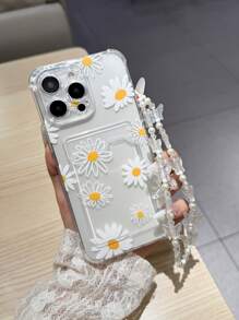Funda de teléfono con flores de margarita linda compatible con Apple 14 Pro Max, 13, 12/12 Pro, 11, 15, 15 Pro Max, 16, 16 Pro Max, 17 Pro Max, con cordón blanco, de moda y diseño
