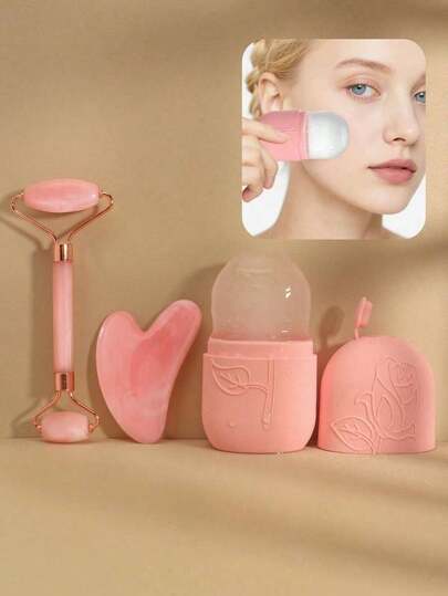 Juego de 3 en 1 de herramientas de belleza facial - Rodillo facial, Bastón de masaje, Paquete de gel de hielo, Herramientas de ventosas meridiano rosa para rostro y Body