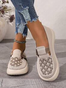 Women's Casual Sneakers, Rhombus Pattern Slip-On Flats, Non-Slip Wear-Resistant Low-Top PVC Flat Shoes - Beige - View 6