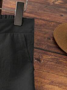 1pc Women's Casual French Style White Linen Texture Flowy Soft Pocket Pants, Spring/Summer - màu đen - Xem 3