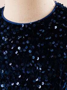 女童无袖圆领亮片蝴蝶结薄纱拖尾蓬蓬裙，优雅大方，适合婚礼和派对穿着，不含头饰 - 藏蓝色 - 查看 6