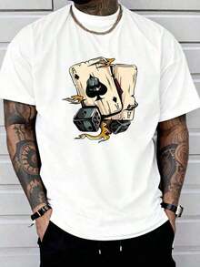 (220 Cotton-Shirt)    Summer Round Neck Short Sleeved Casual Cotton   Poker-White And Navy Off--Shoulder Cropped TopUnisex Casual-Shirts - 白色 - 查看 1