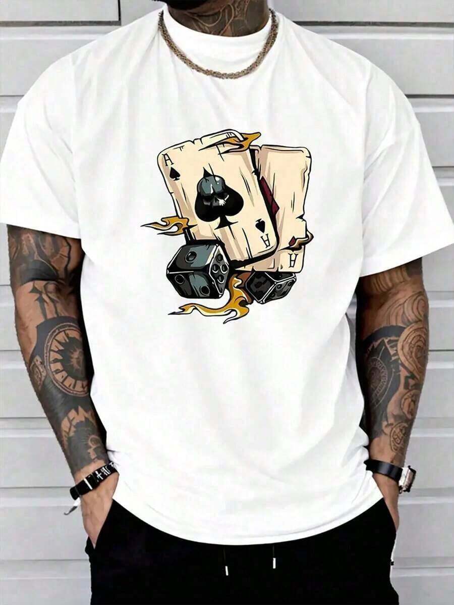 (220 Cotton-Shirt)    Summer Round Neck Short Sleeved Casual Cotton   Poker-White And Navy Off--Shoulder Cropped TopUnisex Casual-Shirts - 白色 - 查看 1