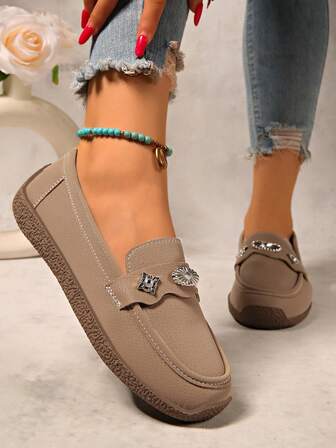 Women Solid Color Round Toe Slip On Flats