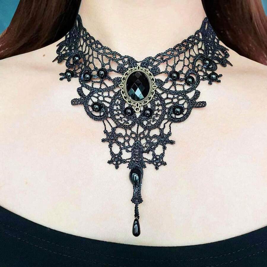 1pc Lace Collar Necklace, Gothic Style Lace Collar Necklace, Fashionable Goth Style Choker Necklace, Halloween - Black - View 1