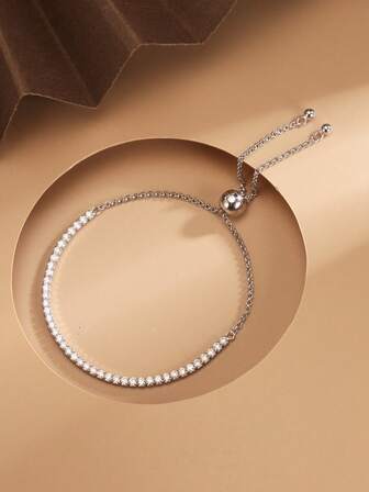 1pc S925 Sterling Silver Bracelet, Fully Studded With Zirconia Stones, Adjustable, Elegant Women's Jewelry Gift For Mother/Girlfriend, Minimalist, Versatile, Lightweight Luxury Tennis Bracelet