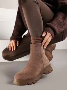 Soft Faux Suede Chunky Boots - Women's Casual Winter Boots - Khaki - View 2