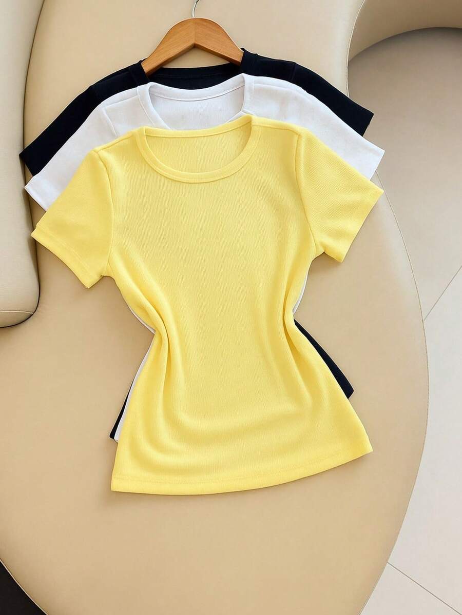 Kit 3 Women's Ribbed Blouses, Baby Tee, Basic Short Sleeve Babylook Colors 2025 - Yellow/White/Black - View 1