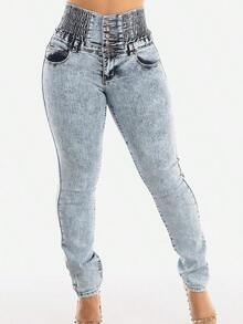 MX JEANS Acid Wash Spandex Waist Butt Lifting Skinny Jeans - Nhiều màu - Xem 4