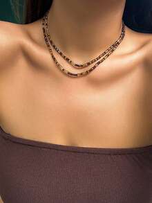 1 Set Of 2pcs Handmade Beaded Necklace Set, Vintage Elegant Design With Brown Rice Beads, Suitable For Women's Daily, Vacation, And Party Wear (Bead Positions Random)