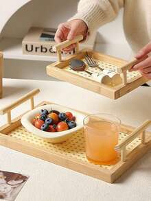 1pc Rattan Vintage Tray, Retro Kitchen/Dining Room Storage Organizer Tray, Birthday Gift, Dessert Tray, Wooden Rectangular Storage Tray, Candle Holder, Cosmetic Organizer Tray, Bathroom Bathtub Caddy Tray, Also Suitable For Living Room, Dining Room, Entertaining Guests, Snack Plate, Holiday Decor