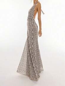 New Women's Fashion Sexy Backless Bodycon Printed Halter Dress - 黑色 - 查看 2