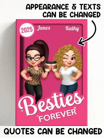 Catygift Custom Best Friends Canvas Print, Personalized Friendship Gift With Names, Year, Custom Characters, Best Friends Forever Art, Gift For BFF, Office Decor, Elegant Living