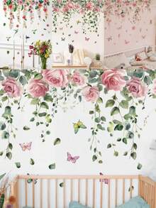 1 件墙贴 - [粉色花朵、绿叶、蝴蝶、蜂鸟] PVC 自粘可移除墙贴，适用于托儿所、儿童房、游戏室或教室 - 适合任何空间的可爱创意墙面装饰
