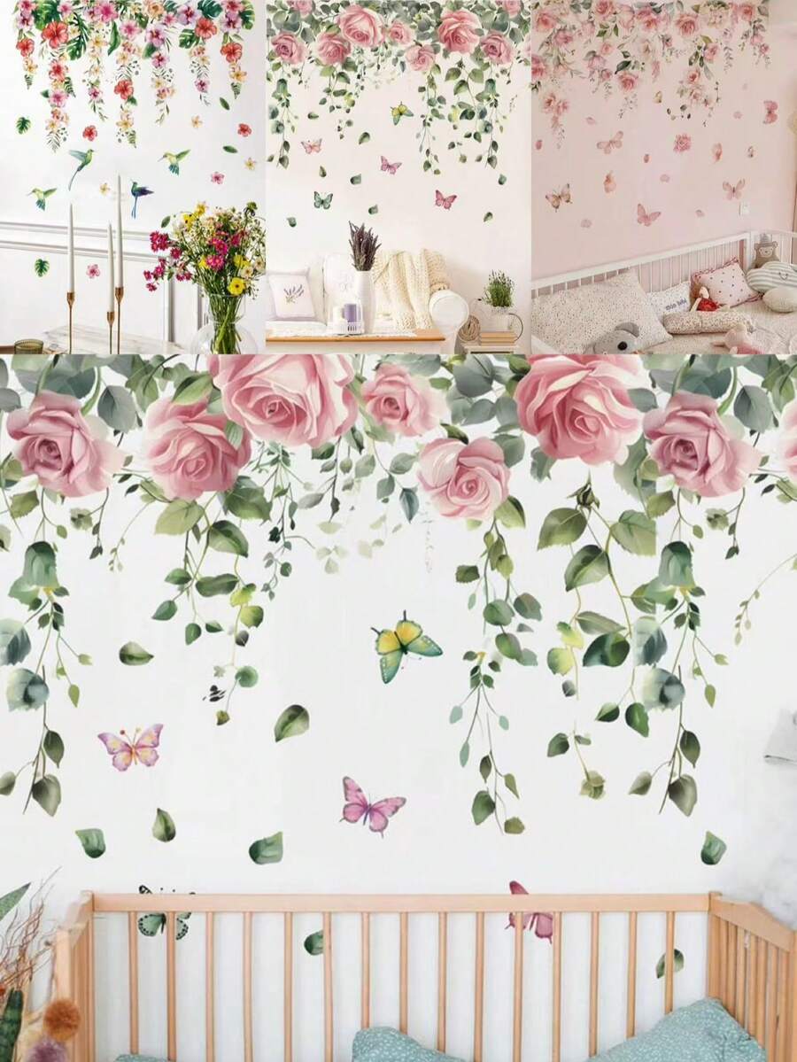 1 件墙贴 - [粉色花朵、绿叶、蝴蝶、蜂鸟] PVC 自粘可移除墙贴，适用于托儿所、儿童房、游戏室或教室 - 适合任何空间的可爱创意墙面装饰