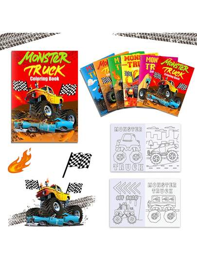 6pcs Mini Monster Truck Coloring Books, Cartoon Small Drawing Book For Operation Prizes Party Favors Goodie Bag Activity Gifts Filler, Kids Drafting Supplies