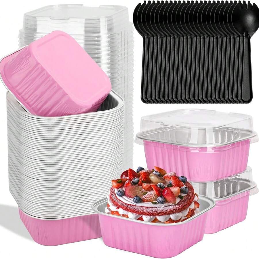 50 Pack 5oz Mini Disposable Cake Pans With Lids, Aluminum Foil Square Baking Cups, 3.5x3.5 Small Baking Cake Tins Cup Cake Containers With Lids For Individual Cakes - 彩色 - 查看 1