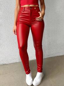 Jeans pantalones vinipiel dama mujer skinny cintura alta bolsas PU casuales elegantes formales dia noche modernos juveniles y2k sexy - Color Escarlata - Ver 3