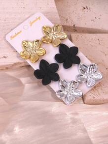 3 对时尚五瓣花金、银、黑耳环套装，适合女性日常佩戴 - 彩色 - 查看 7