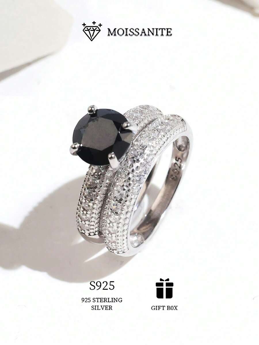 خاتم فضة إسترليني عيار 925 مرصع بحجر موسانيت بجودة VVS بوزن 2 قيراط، مجموعة من قطعتين قابلة للتكديس أو الارتداء بشكل منفرد، خاتم نسائي عالي الجودة، أنيق وعصري للحفلات والزفاف والاستخدام اليومي، يأتي في علبة هدايا