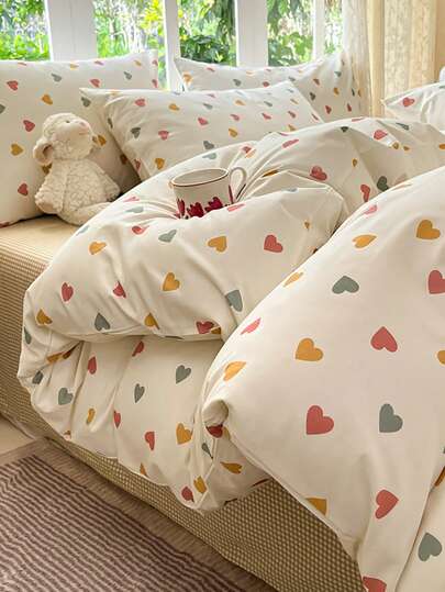 3pcs Colorful Heart Pattern Bedding Set, 2 Pillowcases + 1 Duvet Cover Set (Bed Sheet And Insert Not Included)