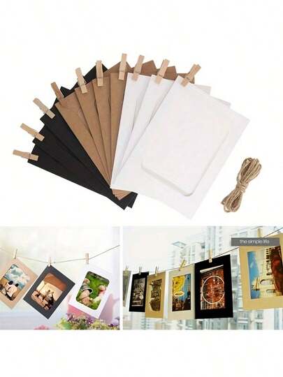 10 pièces/20 pièces Bannière photo en papier, cadres photo en papier kraft de 4x6 pouces, bannière d'affichage photo suspendue, supports d'affichage photo à pince DIY pour la maison, le bureau, le mariage et la décoration de fête, anniversaire, fête, décoration de la maison, décoration de bureau DIY (avec pinces et ficelle)