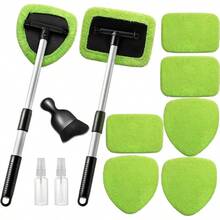 11pcs Auto Windshield Cleaning Kit With 6 Reusable Microfiber Pads, 2 Spray Bottles, Extendable Handles - Green, Popular Auto Cleaning Essential - 綠色 - 查看 1