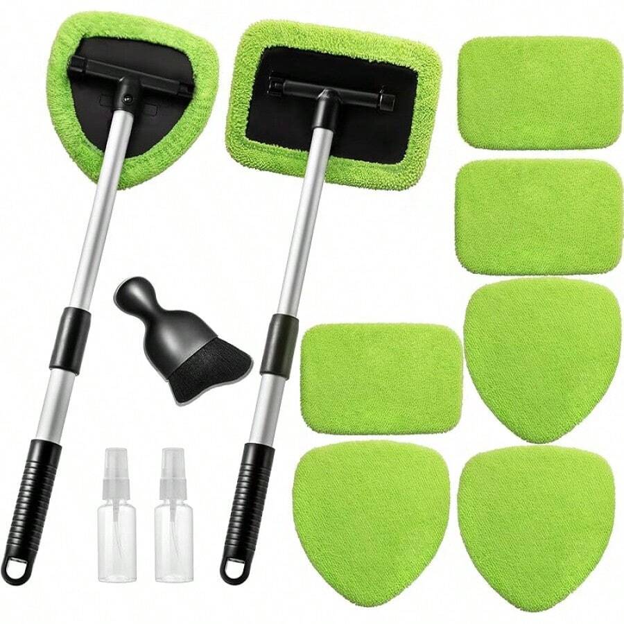 11pcs Auto Windshield Cleaning Kit With 6 Reusable Microfiber Pads, 2 Spray Bottles, Extendable Handles - Green, Popular Auto Cleaning Essential - 綠色 - 查看 1