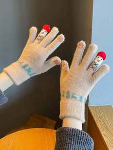 1pc Korean Style Touch Screen Gloves, Cute Thermal Lined Thick Winter Gloves For Women, Windproof Warm Five Finger Gloves For Men