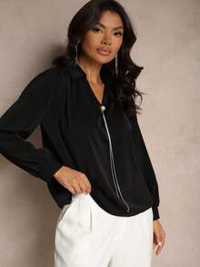 Collared Blouse With Detachable Chain And Rhinestones - Black - View 4