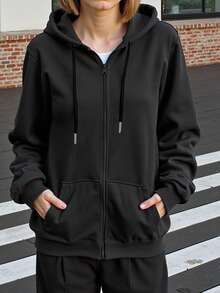 Women's Hooded Zip-Up Long Sleeve Sweatshirt, Regular Fit With Drawstring And Pockets - Black - View 2