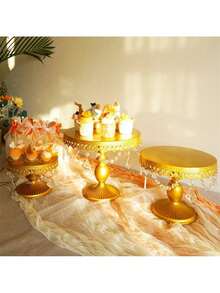 3Pcs Antique Cake Stand Set - Round Metal Cupcake Stands With Pendants And Beads - Elegant Dessert Display, For For Wedding, Birthday Party Decor,Dessert Table Display Set/Food Display Stands/Christmas Decorations For Home/Christmas Decor/Funny Gifts - 金色 - 查看 6