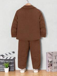 2pcs Young Boy Street Casual Solid Color Corduroy Letter Embroidery Pocket Long Sleeve Shirt And Solid Color Pants Set, Suitable For Daily Gathering, Vacation, And Outdoor Activities