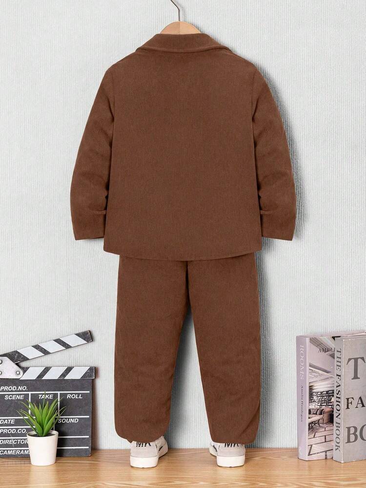 2件組小男孩棕色燈芯絨字母刺繡襯衫夾克與慢跑長褲，休閒套裝，適合返校、日常穿著、秋冬季節 - 巧克力棕 - 查看 2