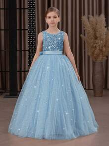 Tween Girl Sequin 3D Bow Tulle Party Dress, Elegant Blue Christmas Party Princess Dress, Suitable For Girls Birthday Party, Prom, Wedding Bridesmaid, Thanksgiving, Graduation